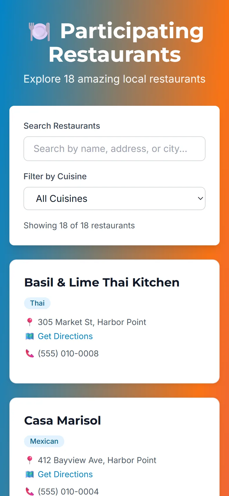 Searchable directory of participating restaurants with cuisine, address, and directions