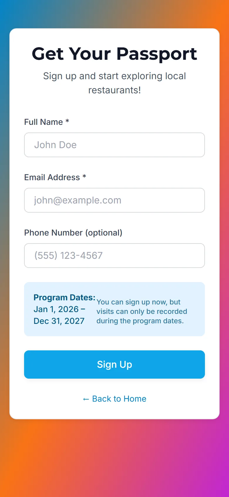 Passport sign-up form showing the program dates